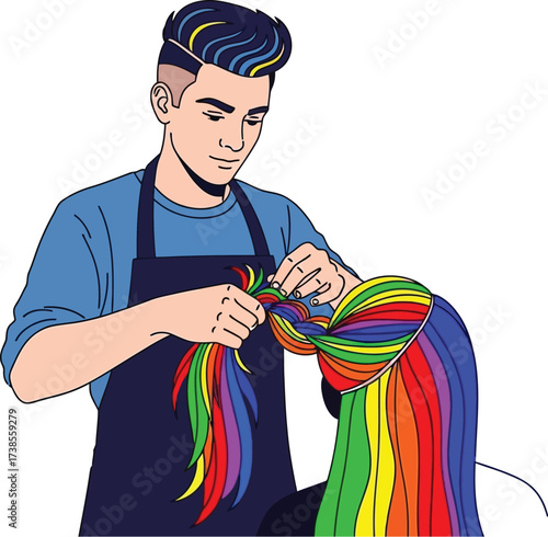 Vector art of hairdresser braiding colorful wig with copy space