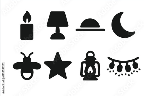 Gentle Light Icons. Solid, filled icon set of gentle light and ambiance: candle flame, soft lamp, twilight, moon, firefly, star, lantern, fairy lights. Solid,
