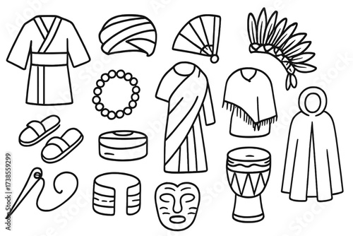 Traditional Clothing Icons. Hand-drawn doodle illustration Traditional clothing and accessories kimono, turban, sari, feathered headdress, sandals, beads