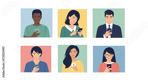 Diverse people using smartphones together online.