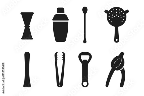 Highball Bar Tools Icons. Solid, filled icon set of highball bar tools: jigger, cocktail shaker, bar spoon, strainer, muddler, ice tongs, bottle opener, citrus