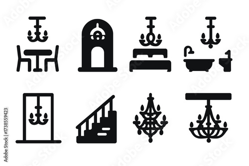 Chandelier Icons Grid. Solid, filled icon set of chandelier placements: dining room chandelier, foyer chandelier, bedroom chandelier, bathroom chandelier,