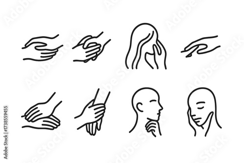 Gentle Touch Icons. Outline icon set of soft interactions: hand holding palm, fingers intertwined, hand stroking hair, gentle finger touch, palm on wrist, soft