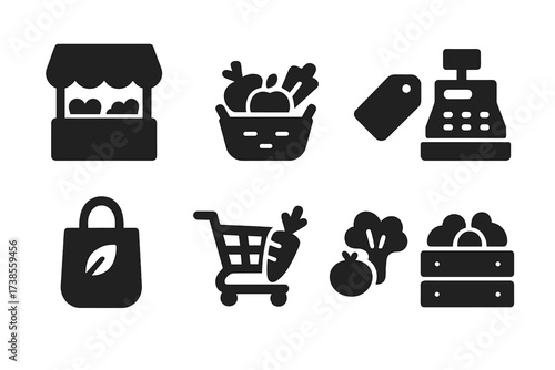 Organic Market Icons. Solid, filled icon set of organic market: farmers market stall, basket of produce, price tag, cash register, reusable bag, shopping cart,