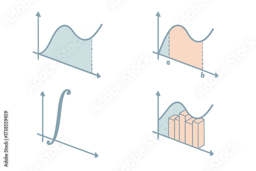 Integral Area Illustration. Isometric vector illustration set Integral as Area Under Curve: smooth curve graph, shaded region