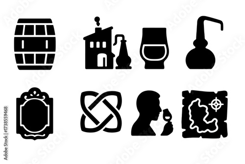 Whiskey Icons Collection. Solid, filled icon set of whiskey history and culture: whiskey barrel, distillery, whiskey glass, traditional still, vintage label,