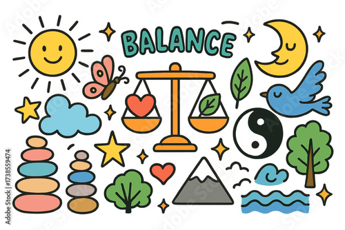 Harmony of Elements. Balance. Colorful Hand-drawn doodle Children illustration Balance yin-yang, scale, sun, moon, star, cloud, wave, mountain, tree, leaf,