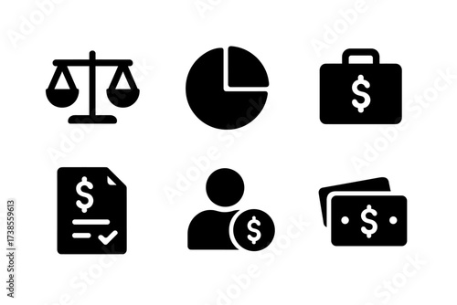Capital Structure Icons. Solid, filled icon set of capital structure: balance scale, debt and equity, pie chart, finance document, investment portfolio, loan