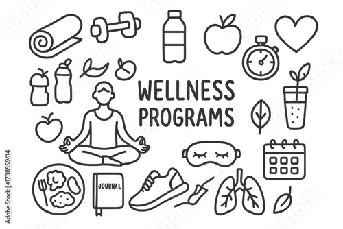 Wellness Doodles Collection. Hand-drawn doodle illustration Wellness programs yoga mat, dumbbell, water bottle, apple, heart symbol, meditation pose,