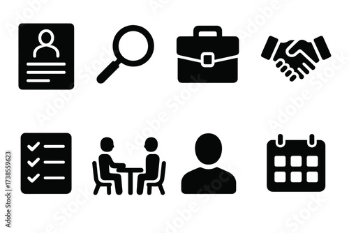Recruitment Agency Icons. Solid, filled icon set of recruitment agency: resume, magnifying glass, briefcase, handshake, checklist, interview, candidate,
