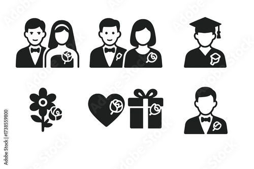 Corsage Icon Grid. Solid, filled icon set of corsage occasions: prom corsage, wedding corsage, Mother?s Day corsage, graduation corsage, anniversary corsage,