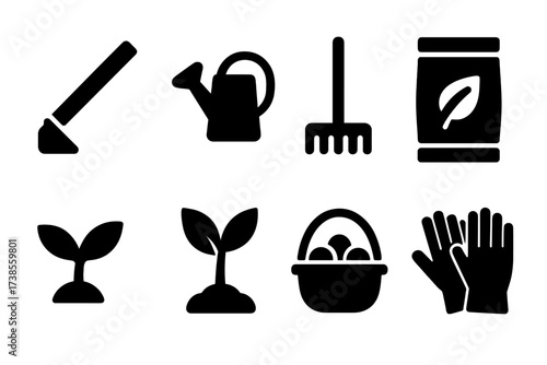 Farm Tools Icon Set. Solid, filled icon set of farm tools: hoe, watering can, rake, seed packet, sprout, plant, harvest basket, gloves. [Line icons in only