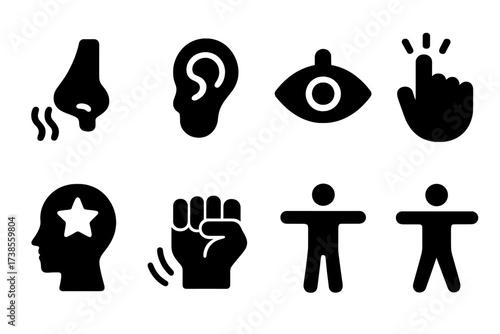 Sensory Instincts Icons. Solid, filled icon set of sensory instincts: smell, hearing, sight, touch, taste, intuition, reflex, balance. [Line icons in only