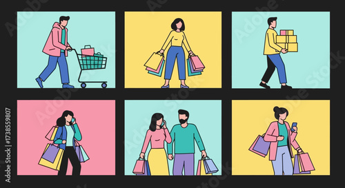 Illustrations of diverse people enjoying their shopping experiences with many bags and presents