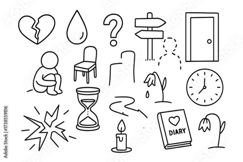 Emotional Uncertainty Doodles. Hand-drawn doodle illustration emotional uncertainty after loss broken heart, teardrop, fading shadow, empty chair, hourglass,