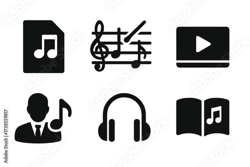 Groove Education Icons. Solid, filled icon set of groove education: sheet music, music theory, practice pad, video tutorial, instructor, metronome, headphones,