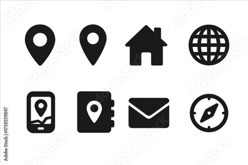 Recipient Address Icons. Solid, filled icon set of recipient address: location pin, map marker, house, globe, GPS device, address book, mail envelope, compass.