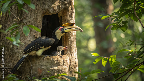 An adult hornbill is seen feeding its chick in a tree hollow on a sunny morning. The vibrant forest provides a lush background as the parent bird cares for its young