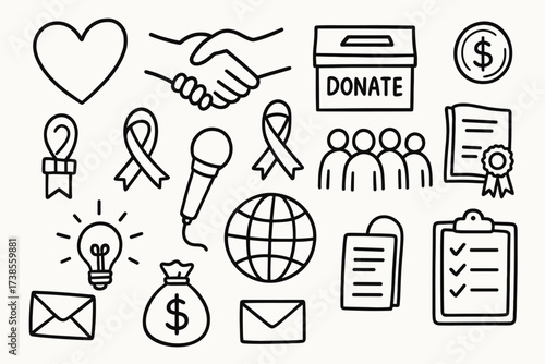 Charity Doodle Icons. Hand-drawn doodle illustration charity foundation heart, handshake, donation box, coin, certificate, ribbon, calendar, group of people,