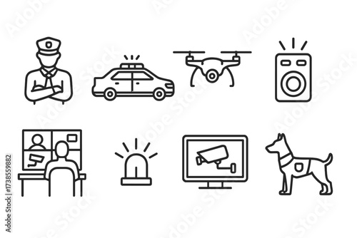 Security Icons Outline. Outline icon set of security services: security guard, patrol car, surveillance drone, alarm system, control room, emergency response,