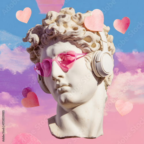 Classical statue head with headphones and pink glasses surrounded by hearts on pastel background. Modern art concept.
