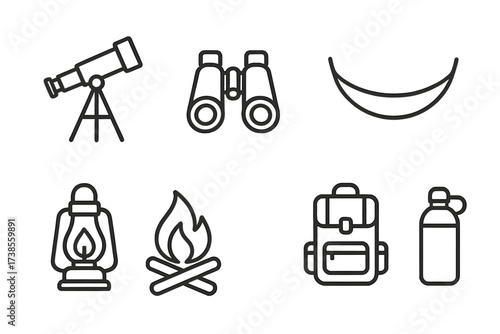 Sunset Adventure Icons. Outline icon set of sunset objects: telescope, binoculars, camera, hammock, lantern, campfire, backpack, water bottle. Line icons in