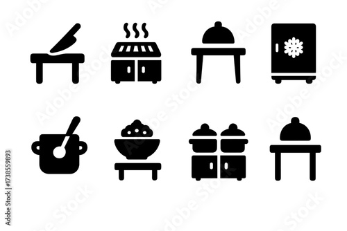 Kitchen Station Icons. Solid, filled icon set of kitchen stations: prep station, grill station, dessert station, cold station, soup station, garnish station,