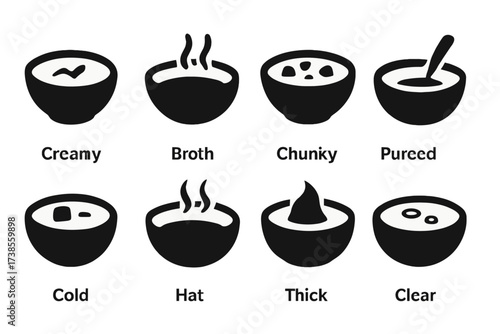 Soup Icons Grid. Solid, filled icon set of soup types: creamy soup, broth, chunky soup, pureed soup, cold soup, hot soup, thick soup, clear soup. Solid, filled