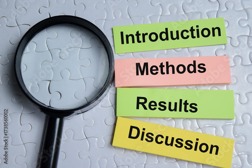 Concept of 4 parts of research. Introduction, methods, results and discussion write on sticky notes isolated on Wooden Table.