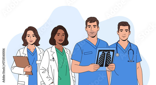 Diverse Group of Medical Professionals in Scrubs and Lab Coats Holding Patient Records and X-Ray Image