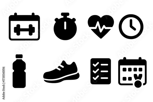 Fitness Schedule Icons. Solid, filled icon set of fitness schedule: calendar with dumbbell, stopwatch, heart rate monitor, clock, water bottle, running shoe,