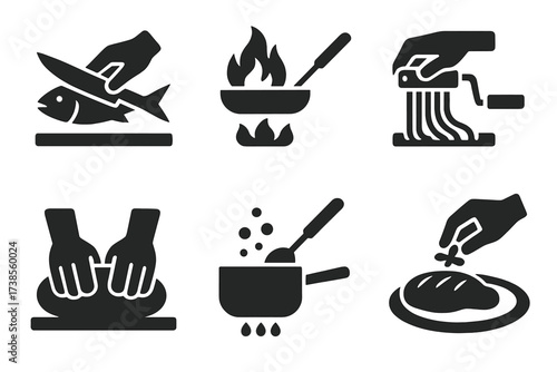 Culinary Skills Icons. Solid, filled icon set of culinary skills: filleting fish, flambe cooking, pasta making, sushi rolling, dough kneading, sauce reducing,