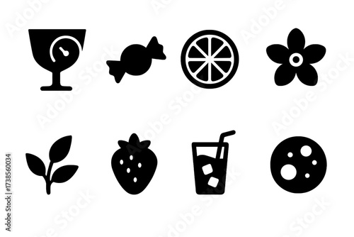 Spritz Flavor Icon Grid. Solid, filled icon set of spritz flavor profiles: bitter, sweet, citrus, floral, herbal, fruity, refreshing, sparkling. Solid, filled