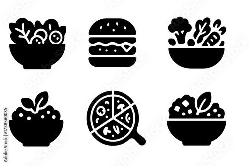 Plant-Based Meal Icons. Solid, filled icon set of plant-based meals: salad bowl, veggie burger, smoothie bowl, vegetable stir-fry, grain bowl, vegan pizza,