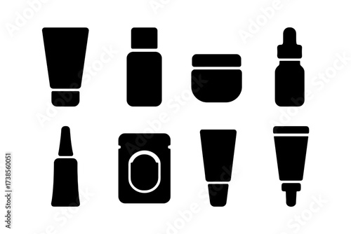 Travel Skincare Icons. Solid, filled icon set of travel size skincare: mini cleanser, travel toner, small moisturizer, tiny serum bottle, travel eye cream,
