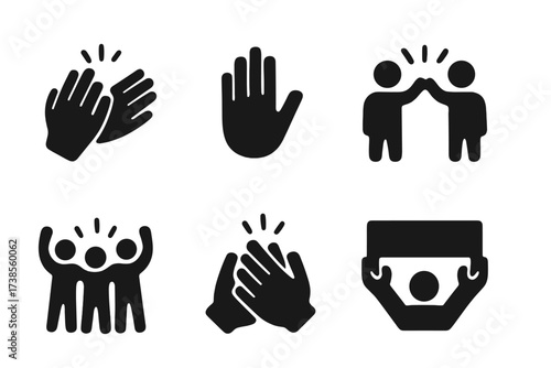 Motivational Applause Icons. Solid, filled icon set of motivational applause: hands clapping icon, encouragement gesture, coach praise, goal celebration,