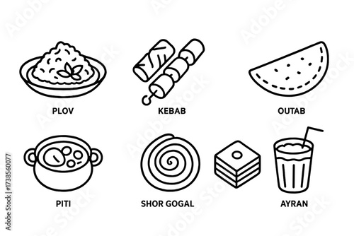 Azerbaijani Cuisine Icons. Outline icon set of Azerbaijani cuisine: plov (pilaf), dolma, kebab, qutab, piti soup, pakhlava, shor gogal, ayran drink. Line icons