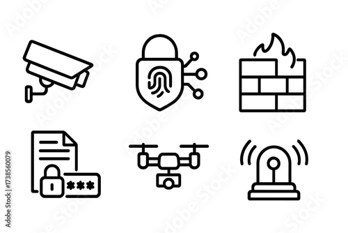 Guardian Technology Icons. Outline icon set of guardian technology: security camera, biometric lock, cyber shield, firewall, data encryption, password key,