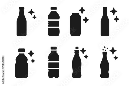 Sparkling Water Icons. Solid, filled icon set of sparkling water bottles: glass bottle, plastic bottle, aluminum can, tall bottle, short stubby bottle, twist