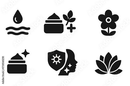 Cream Balm Benefits Icons. Solid, filled icon set of cream balm benefits: hydration, nourishment, healing, soothing, softening, protection, rejuvenation,