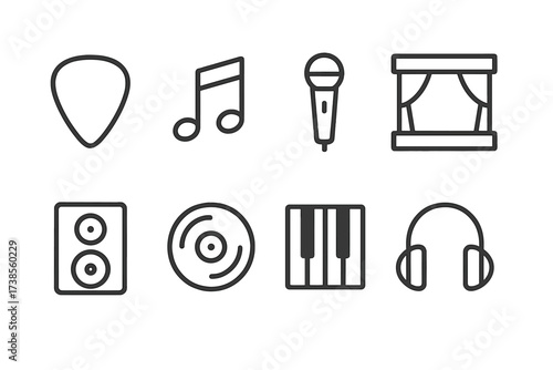 Ace Music Icon Set. Outline icon set of ace in music: guitar pick, music note, microphone, stage, speaker, vinyl record, piano keys, headphones. Line icons in
