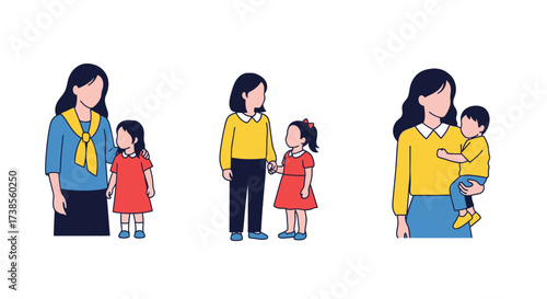 Illustrations of mothers and their children showing different family bonding moments and child developmental stages