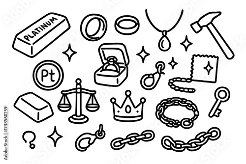 Platinum Jewelry Doodle. Hand-drawn doodle illustration platinum metal platinum bar, ring, necklace, bracelet, coin, ingot, jewelry box, scales, polishing