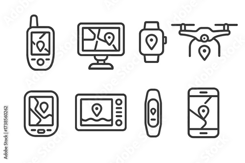 GPS Device Icons. Outline icon set of GPS devices: handheld GPS, car navigator, smartwatch GPS, drone GPS, bike GPS, marine GPS, fitness tracker, smartphone