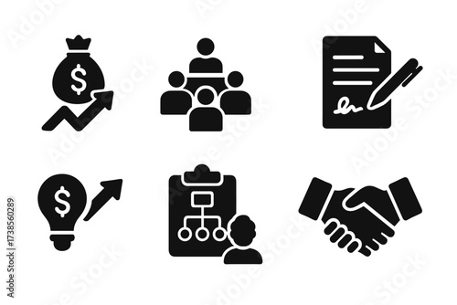 Equity Financing Icons. Solid, filled icon set of equity financing: capital raise, shareholder meeting, contract signing, investment check, venture capital,