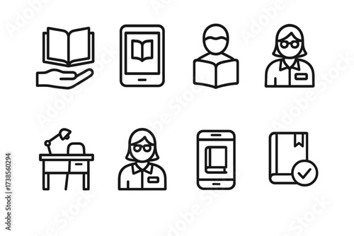 Library Services Icons. Outline icon set of library services: book lending, e-book, reading room, study desk, librarian, library app, book return, reservation.