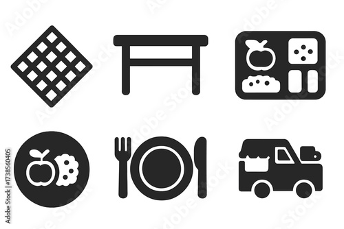 Lunch Setting Icons. Solid, filled icon set of lunch settings: picnic blanket, lunch table, bento box, cafeteria tray, lunch plate, placemat, food truck,