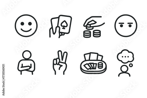 Poker Bluff Icons. Outline icon set of poker bluff tactics: fake smile, hidden cards, chip stacking, eye contact, folded arms, hand signal, poker table,