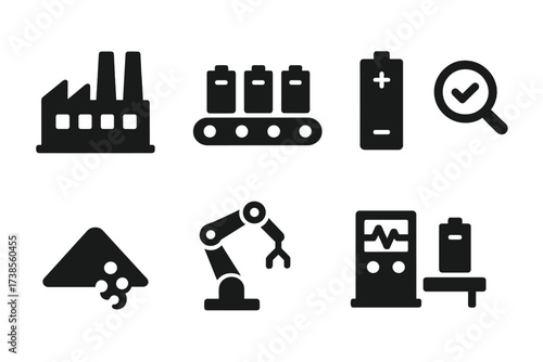 Power Cell Manufacturing Icons. Solid, filled icon set of power cell manufacturing: factory, assembly line, battery cell, quality control, raw materials,