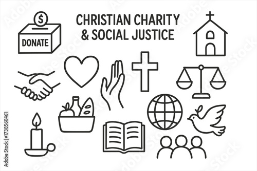 Christian Charity Symbols. Christian Charity and Social Justice. Hand-drawn doodle illustration christian charity and social justice donation box, cross,